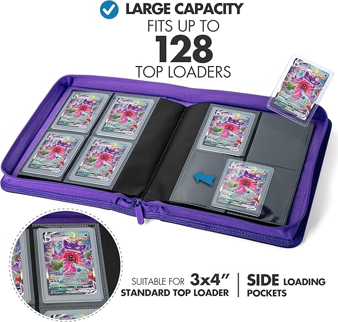 FunGuys Toploader Binder – 4 Pocket Trading Card Binder for 128 Top Loaders, Pokemon Card Binder, MTG, Yugioh, Sports Cards, TCG Storage Album, Zipper Card Collector Folder