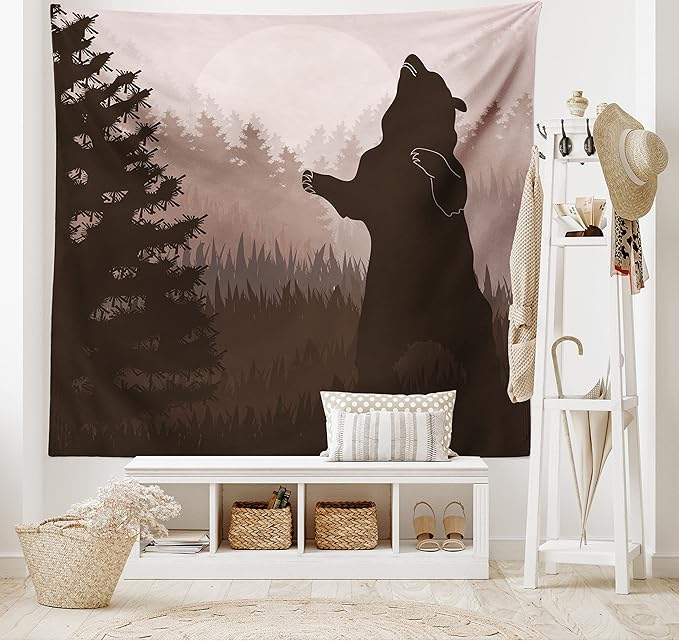 Ambesonne Nature Tapestry, Silhouette of Wild Bear in the Jungle Woodland at Dark Night Illustration, Fabric Wall Hanging Decor for Bedroom Living Room Dorm, 28" X 23", Army Green Pale Peach