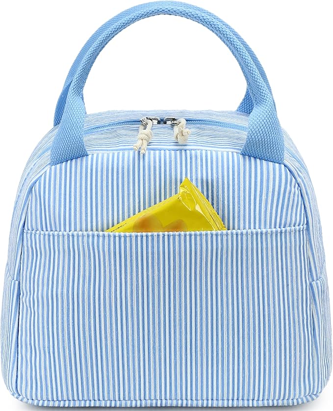 LEDAOU Lunch Box for Women Insulated Lunch Bag Corduroy Lunch Tote Bags Leakproof Cooler Lunch Case for Travel Work Picnic (K-Stripes-Blue)