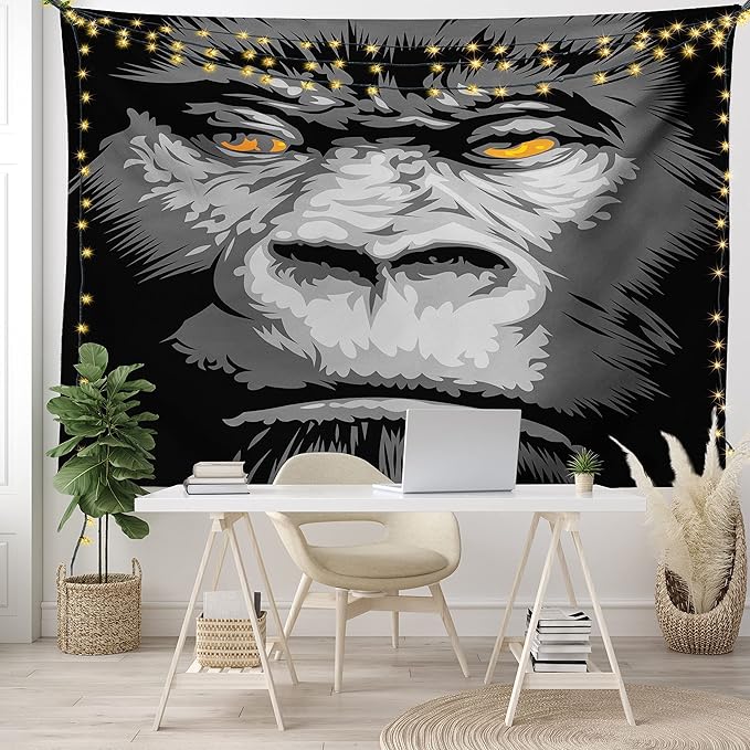 Ambesonne Modern Tapestry, Close up Gorilla Portrait with Orange Eyes Zoo Jungle Animal Wild Money Graphic, Fabric Wall Hanging Decor for Bedroom Living Room Dorm, 23" X 28", Grey Marigold
