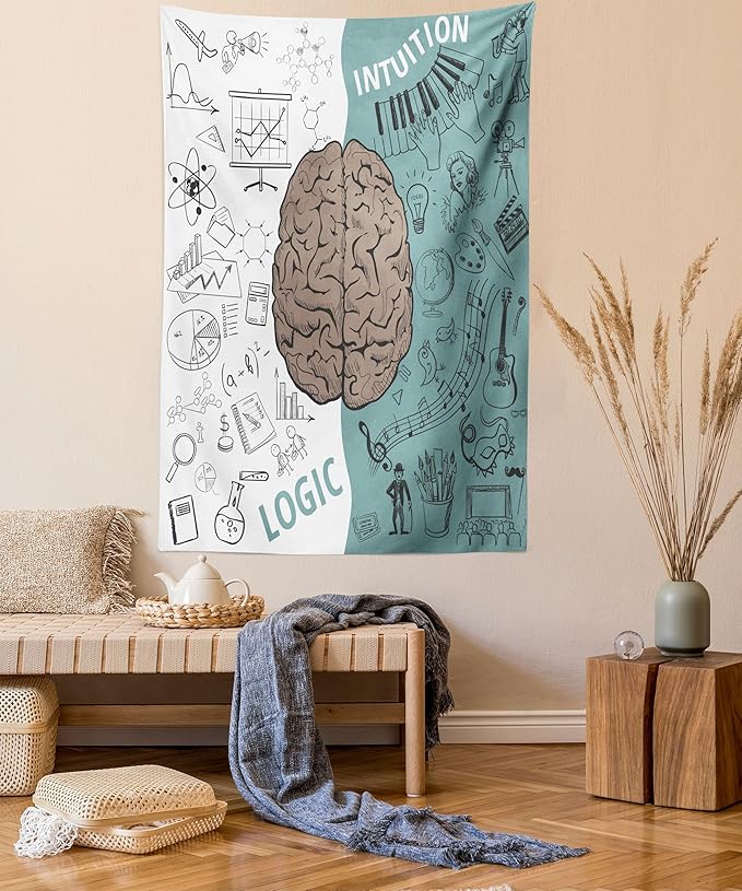Ambesonne Modern Tapestry, Brain Image Left and Right Music Logic Art Side Science Print, Wall Hanging for Bedroom Living Room Dorm Decor, 60" X 80", White Teal Umber
