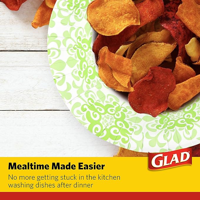 Glad Round Disposable Paper Bowls, Green Victorian Design - Heavy Duty, Soak Proof, Cut-Resistant, Microwavable Bowl for All Foods & Daily Use, 16 Oz, 15 Count