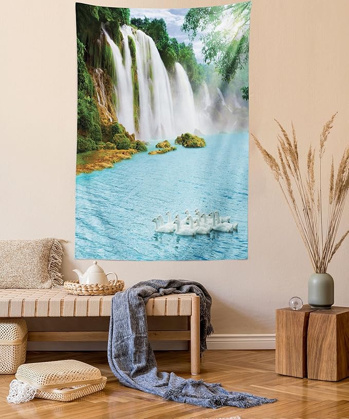 Ambesonne Waterfall Tapestry, Image of a Grand Waterfall with Swans in the Lake Sunny Day Nature Print, Fabric Wall Hanging Decor for Bedroom Living Room Dorm, 30" X 45", White Green