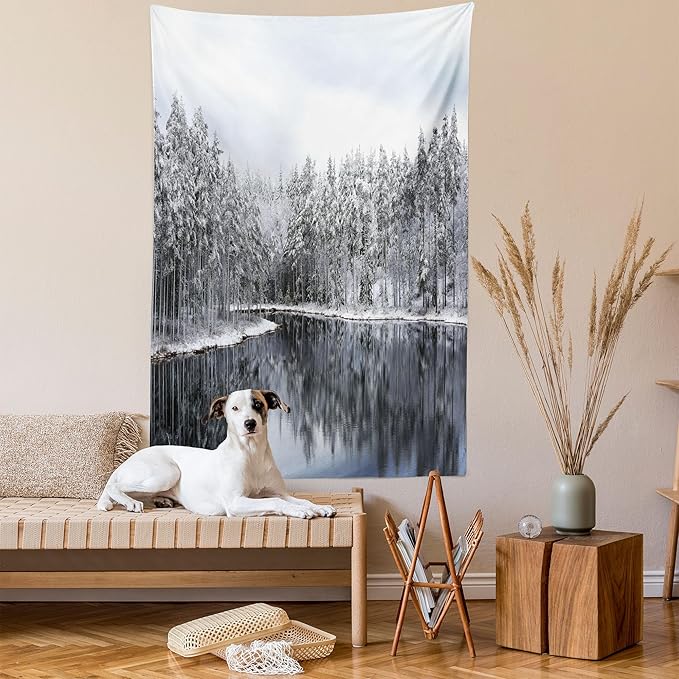 Ambesonne Woodland Tapestry, Lake Surrounded by Snow Covered Trees on a Cold Winter Day in Finland Reflections, Fabric Wall Hanging Decor for Bedroom Living Room Dorm, 30" X 45", White Brown