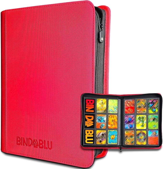 9 Pocket Trading Card Zip Binder - 360 Side Loading Pocket Binder for Colletible Games, Sport, TCG - Trading Card Binder - Gift Card holder for Boys and Girls - Red card binder
