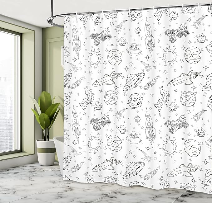 Ambesonne Cartoon Shower Curtain, Doodle Solar System Astronauts Space Crafts Shooting Stars Science Fiction Theme, Cloth Fabric Bathroom Decor Set with Hooks, 69" W x 75" L, White Ink