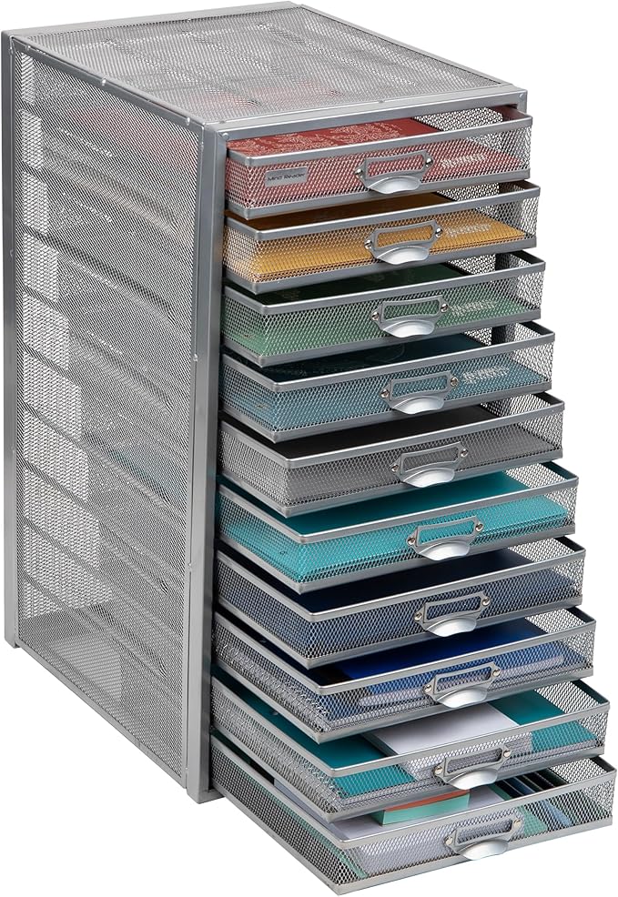 Mind Reader 10-Drawer Desk Organizer for Office Supplies, Crafts, Mail Sorting & More, Metal Mesh, 10.75"L x 14"W x 21.25"H, Silver