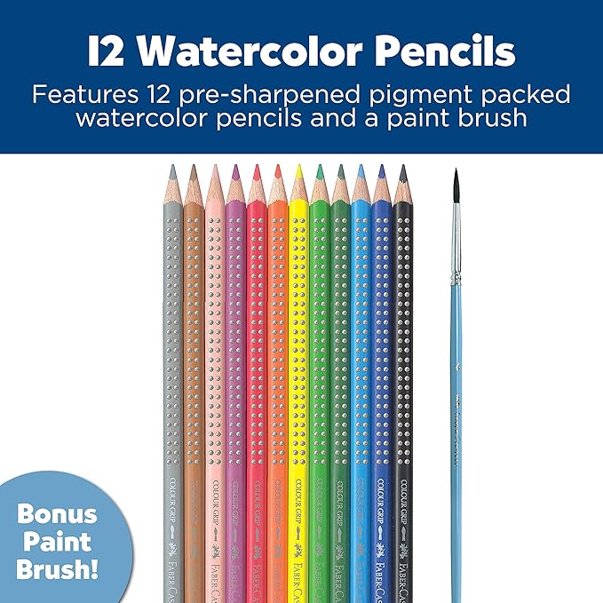 Faber-Castell Grip Watercolor EcoPencils: 12 Watercolor Pencils with Brush, Color Pencil Set, Art Supplies for Kids (Pack of 12)