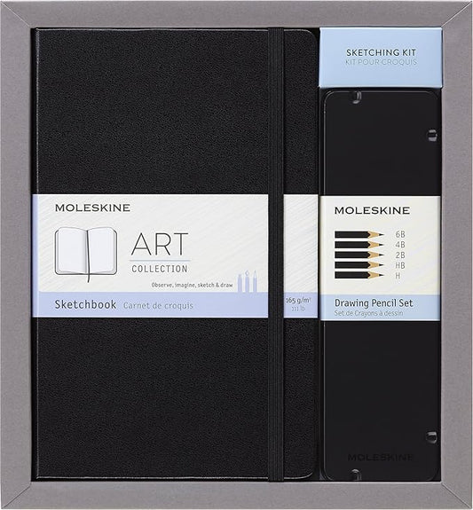 Moleskine Art Collection Sketching Kit - Sketchbook Large + Drawing Pencils Set, Large, Plain, Black, Hard Cover (5 x 8.25) 104 Pages