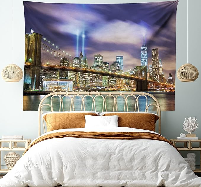Ambesonne Landscape Tapestry, Manhattan Skyline with Brooklyn Bridge and Towers in NYC United States America, Fabric Wall Hanging Decor for Bedroom Living Room Dorm, 45" X 30", Purple Green