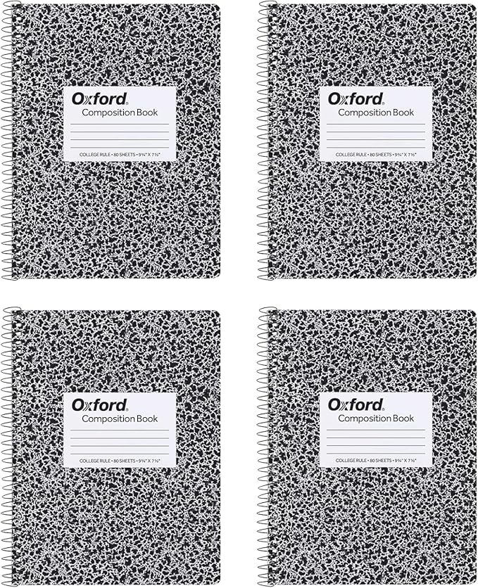 Oxford Spiral Composition Notebooks, 4 Pack, Wide Ruled Paper, 9-3/4 x 7-1/2 Inches, 80 Sheets, Black Marble Cover (64950)
