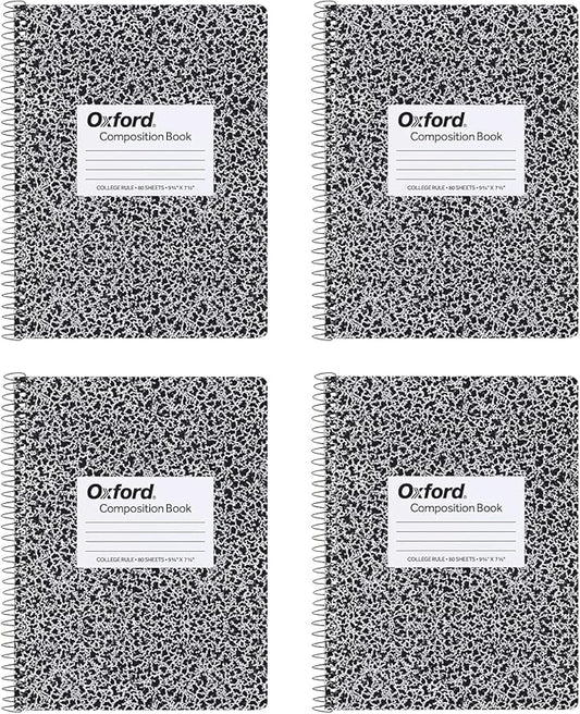 Oxford Spiral Composition Notebooks, 4 Pack, Wide Ruled Paper, 9-3/4 x 7-1/2 Inches, 80 Sheets, Black Marble Cover (64950)