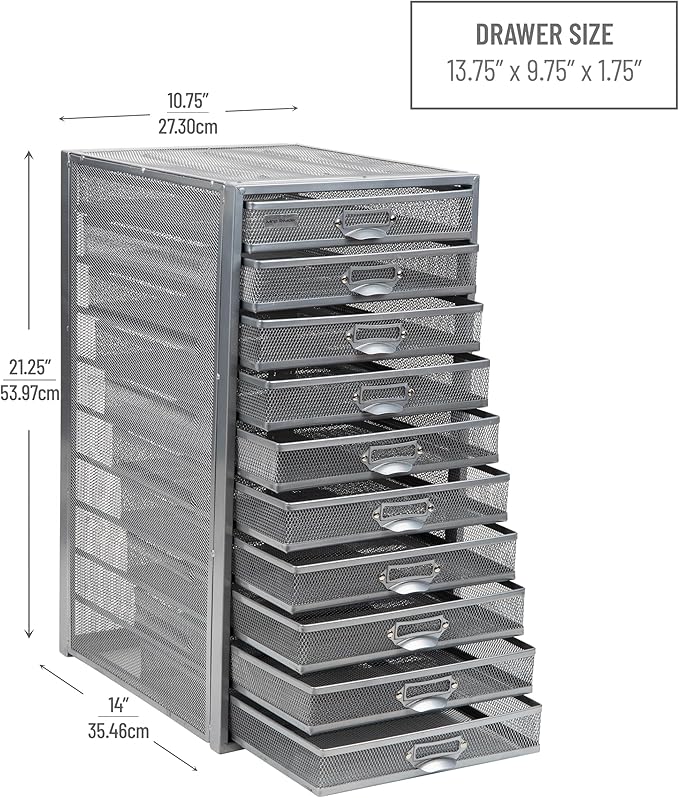 Mind Reader 10-Drawer Desk Organizer for Office Supplies, Crafts, Mail Sorting & More, Metal Mesh, 10.75"L x 14"W x 21.25"H, Silver