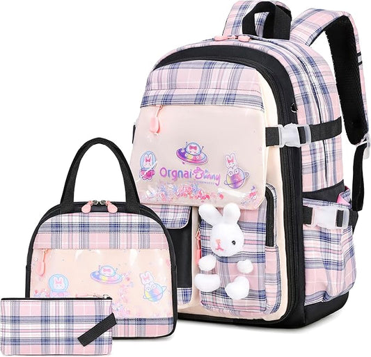Girls Backpack Set, 3PCS Kids Backpacks for Girl, Kawaii Bunny School Backpack for Girls Kindergarten Elementary Preschool Middle School Bags with Lunch Box Pencil Case Blackpink-Plaid