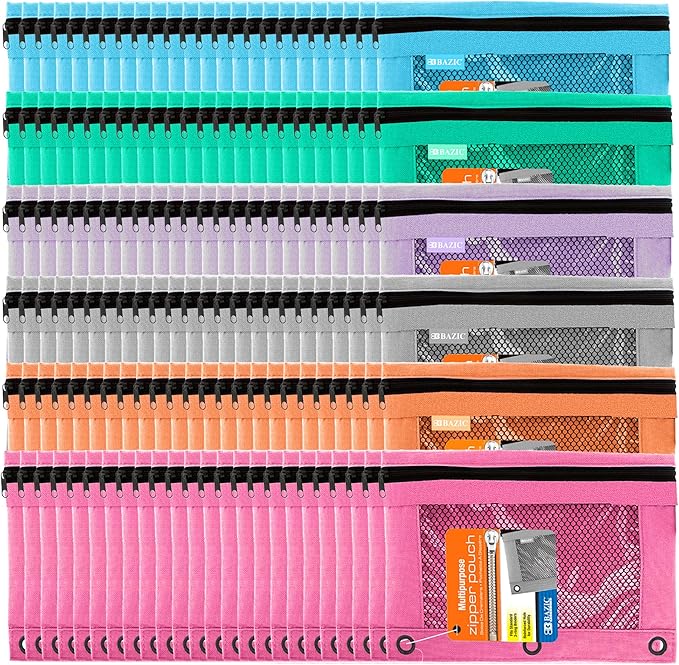BAZIC PRODUCTS Pencil Pouch 3 Ring Binder Pouch w/Rivet Enforced Rings Holes, Pastel Color Mesh Window Zipper Pouchesr, 144-Pack