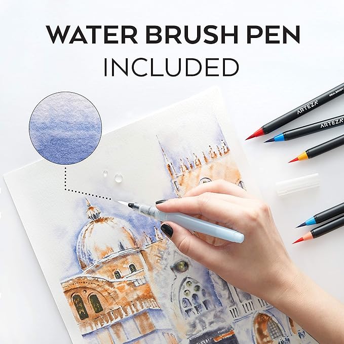 ARTEZA Real Brush Pens, 96 Watercolor Pens with 108-Slot Case, Drawing Markers with Flexible Brush Tips, Watercolor Markers for Artists