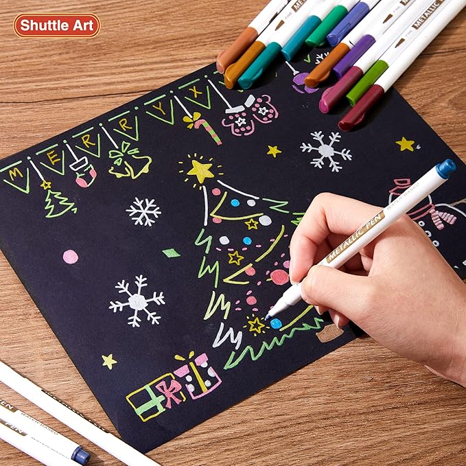 Shuttle Art Metallic Marker Pens, 24 Colors Metallic Paint Markers Fine Point for DIY Card, Calligraphy, Art and Crafting Projects, Works Great on Black Paper, Scrapbooks, Fabric, Rock.