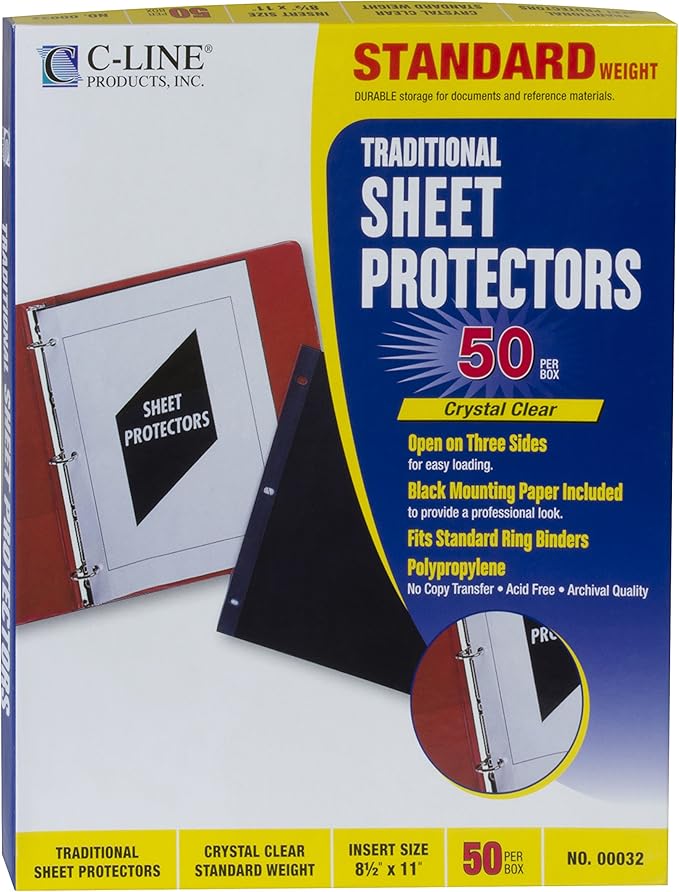 C-Line Traditional Standard Weight Poly Sheet Protectors, Clear, 8.5 x 11 Inches, 50 per Box (00032)