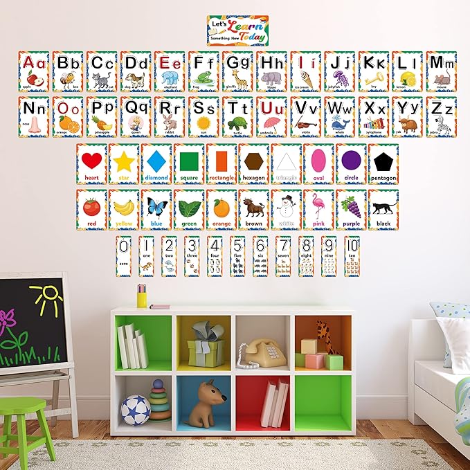 D-FantiX 58 Pieces Alphabet and Number Bulletin Board Set, Manuscript Educational Preschool Cards, Early Learning Alphabet Number Colors Shapes Posters for Kids Kindergarten Classroom Wall Decorations