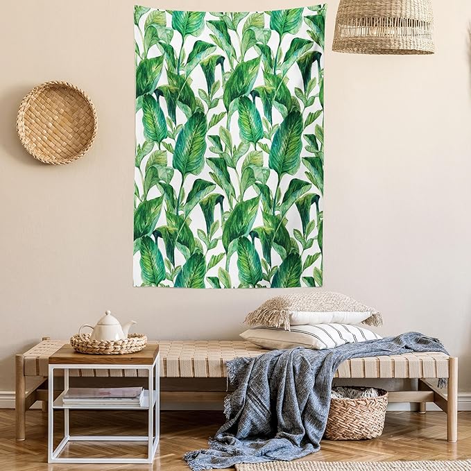 Ambesonne Leaf Tapestry, Romantic Holiday Island Hawaiian Banana Trees Watercolored Image, Fabric Wall Hanging Decor for Bedroom Living Room Dorm, 23" X 28", Forest Green