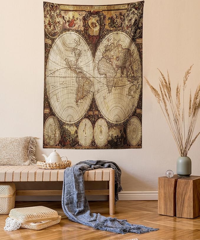 Ambesonne World Map Tapestry King Size, Old World Map Drawn in 1720s Nostalgic Style Art Historical Atlas Vintage Design, Wall Hanging Bedspread Bed Cover Wall Decor, 23" X 28", Multicolor