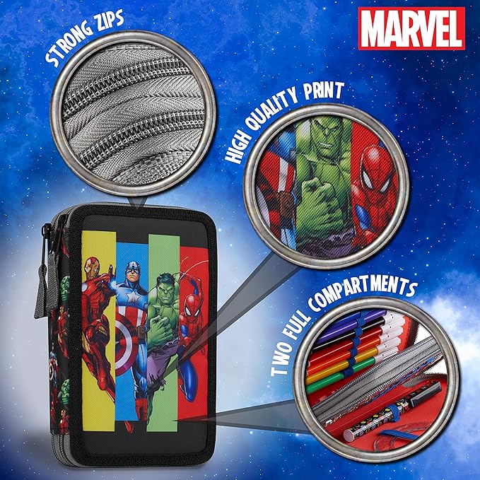 Marvel Boy's Pencil Case, Pencil Case with Compartments Filled School Supplies, Felt, Coloured Pencil, Spiderman Avengers Back to School Gift