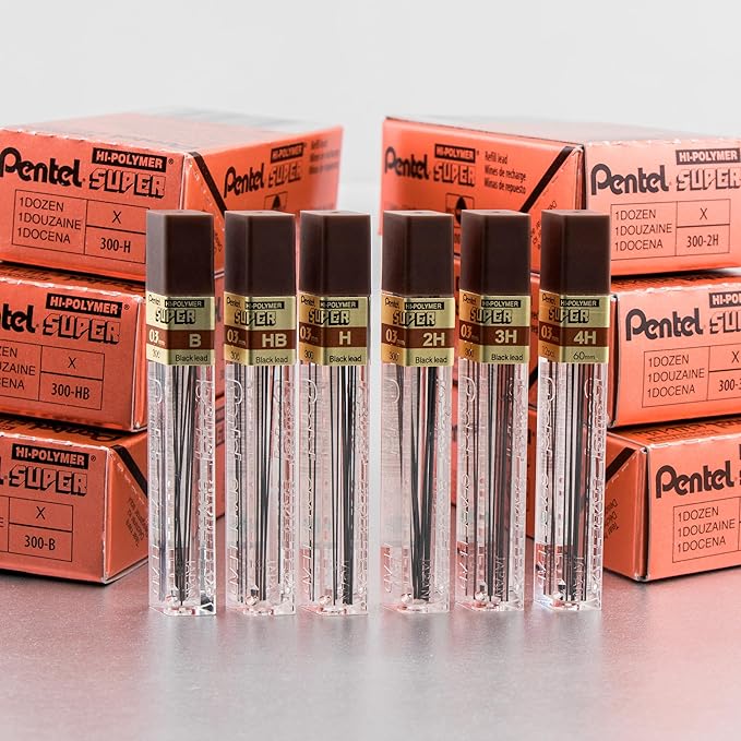 Pentel Super Hi-Polymer Lead, 0.3mm, Extra Fine, 3H, 12 Pcs/Tube, Box of 12 (300-3H)