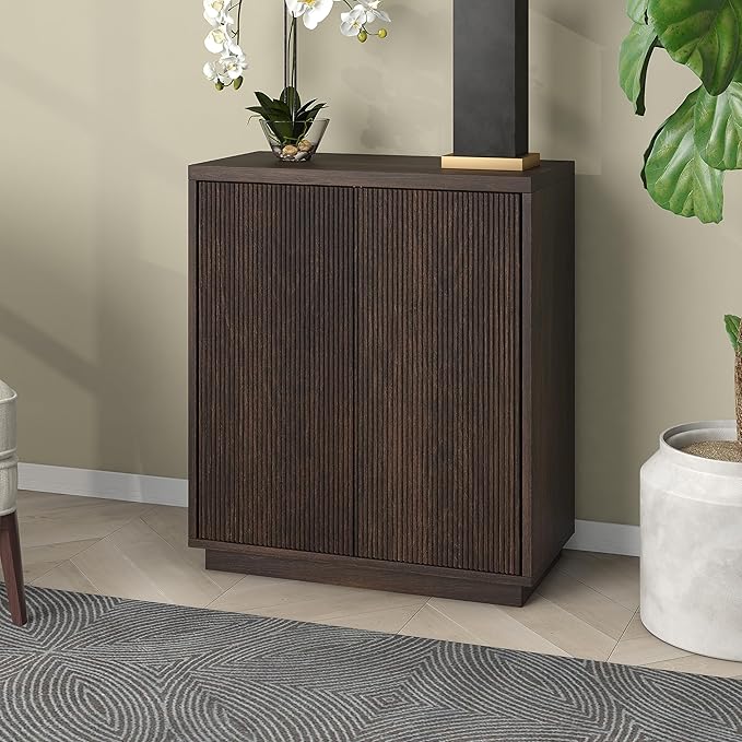 Henn&Hart 28" Fluted Wooden Accent Cabinet, Ribbed Modern Sideboard Buffet Cabinet with 2 Doors and an Adjustable Shelf for Living Room, Dining Room, Bedroom or Entryway, Alder Brown