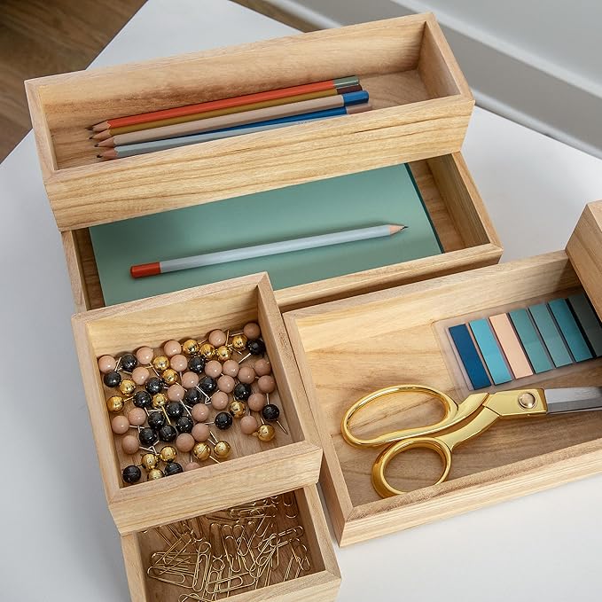 Martha Stewart Enzo Wooden Desk Drawer Organizer Set, Paulownia Wood Organizers in Various Sizes, 6 Piece, Light Natural