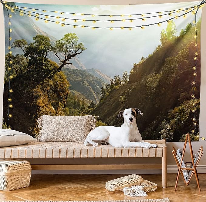 Ambesonne Landscape Tapestry, Forest Nepal Himalaya Mountains Sunlight Majestic Scenery Nature Photo, Fabric Wall Hanging Decor for Bedroom Living Room Dorm, 23" X 28", Green Pale Yellow
