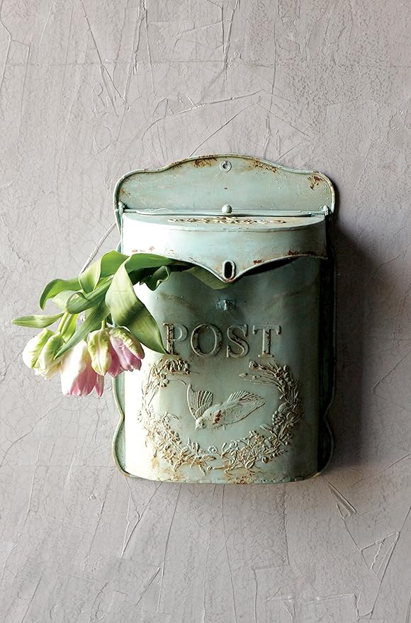 Creative Co-Op Aqua Embossed Tin Post Box with Distressed Finish (Pack of 2)