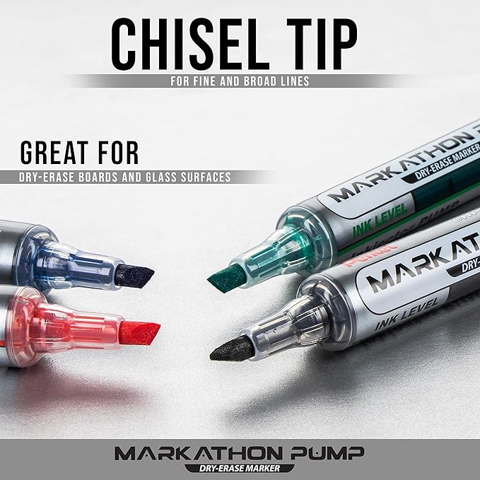 Pentel Markathon Pump Dry Erase Marker, Chisel Tip, Assorted Colors, 4 Pack with Eraser (MWL6SXBP4MKIT)