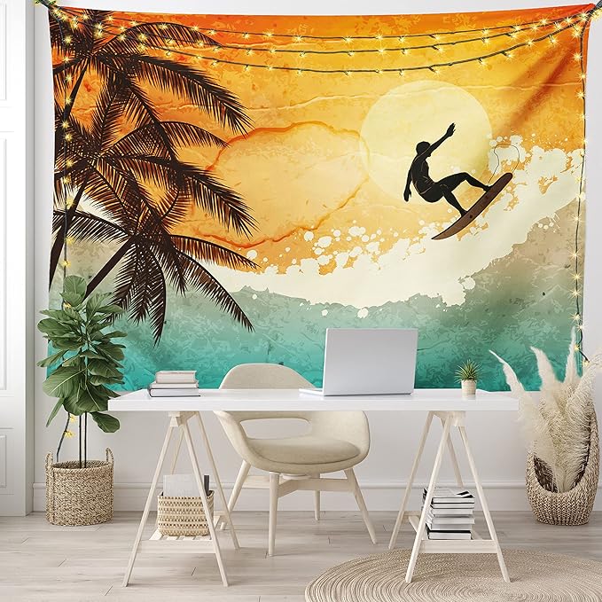 Ambesonne Grunge Tapestry, Illustration of Tropical Island Surfer on Sea Waves and Palms at Sunset, Wide Wall Hanging for Bedroom Living Room Dorm, 60" X 40", Orange Turquoise Black