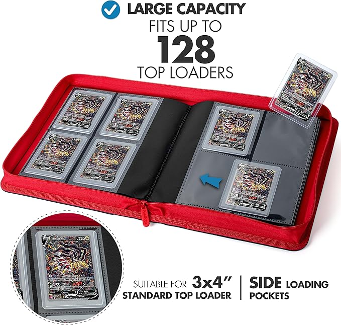FunGuys Toploader Binder – 4 Pocket Trading Card Binder for 128 Top Loaders, Pokemon Card Binder, MTG, Yugioh, Sports Cards, TCG Storage Album, Zipper Card Collector Folder