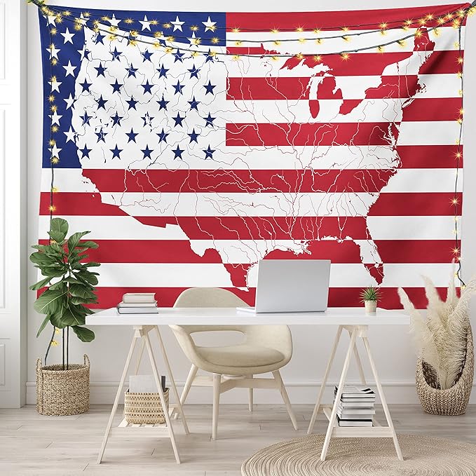 Ambesonne American Flag Tapestry, America Continent Shaped Flag Martial Design International World Glory Print, Fabric Wall Hanging Decor for Bedroom Living Room Dorm, 45" X 30", Indigo Red