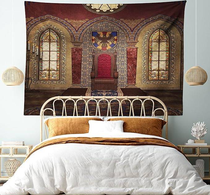 Ambesonne Gothic Tapestry, Red Medieval in Chapel Eagle Portrait on Wall Fantasy Building Print, Wide Wall Hanging for Bedroom Living Room Dorm, 60" X 40", Brown Ruby