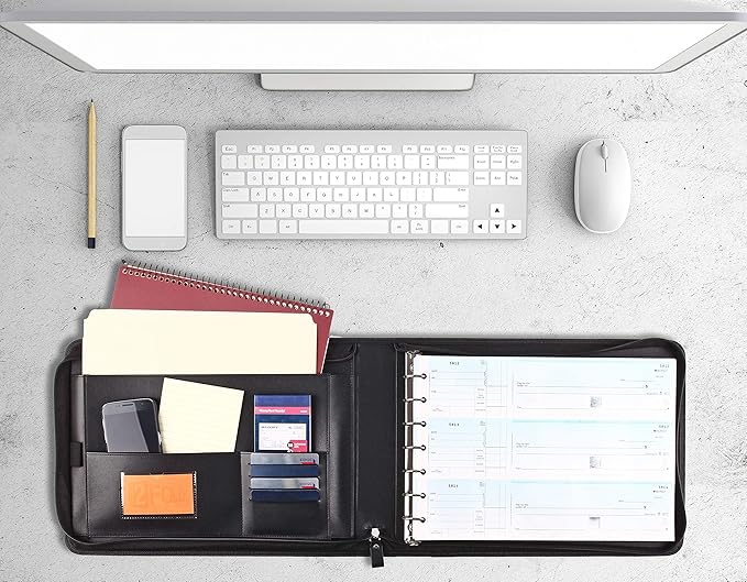 2Fold Zippered Business Checkbook Binder - 7 Ring Binder for Business Checks with Built-in Organizer and Card Case - PU Leather Portfolio for up to 600 3-Up Checks (Black)