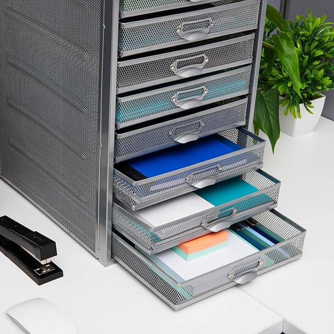 Mind Reader 10-Drawer Desk Organizer for Office Supplies, Crafts, Mail Sorting & More, Metal Mesh, 10.75"L x 14"W x 21.25"H, Silver