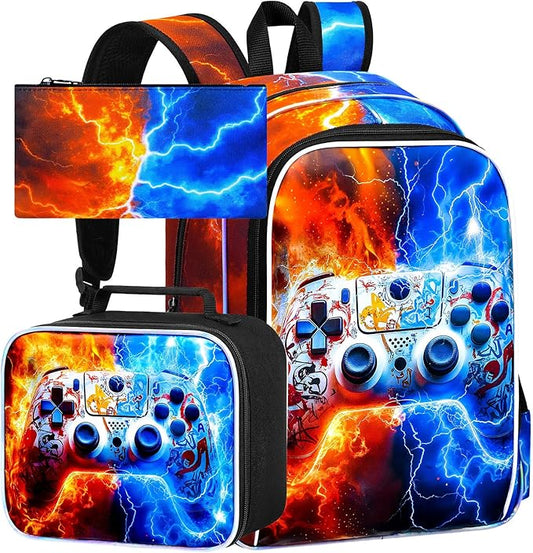 gxtvo 3PCS Kids Game Bookbag, 17" Boys Backpack with Lunch Box, Water Resistant Middle Elementary School Bag - Fire & Lightning Game
