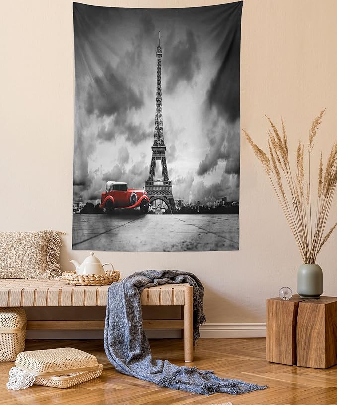 Ambesonne Eiffel Tower Tapestry Twin Size, Image of Eiffel Tower Paris France Vintage Car Street Dark Clouds, Wall Hanging Bedspread Bed Cover Wall Decor, 68" X 88", Black Red