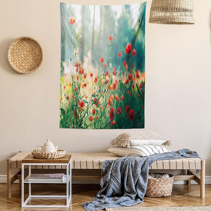 Ambesonne Nature Tapestry, Wild Red Poppy Flowers Field Summertime Sunbeams Gardening Bedding Plants, Fabric Wall Hanging Decor for Bedroom Living Room Dorm, 23" X 28", Red Green Yellow
