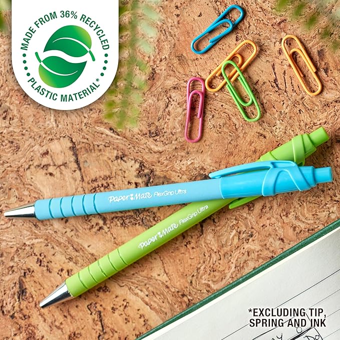 Paper Mate FlexGrip Ultra Ballpoint Pens Made from Recycled Plastic Materials Assorted Barrel Colors Medium Point (1.0mm) Black 12 Count