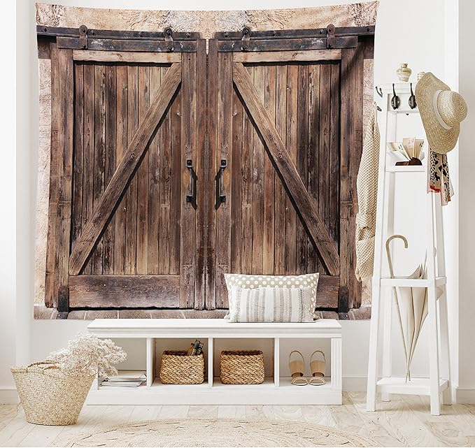 Ambesonne Rustic Tapestry, Wooden Barn Door in Stone Farmhouse Image Vintage Desgin Rural Art Architecture Print, Fabric Wall Hanging Decor for Bedroom Living Room Dorm, 28" X 23", Cream Brown