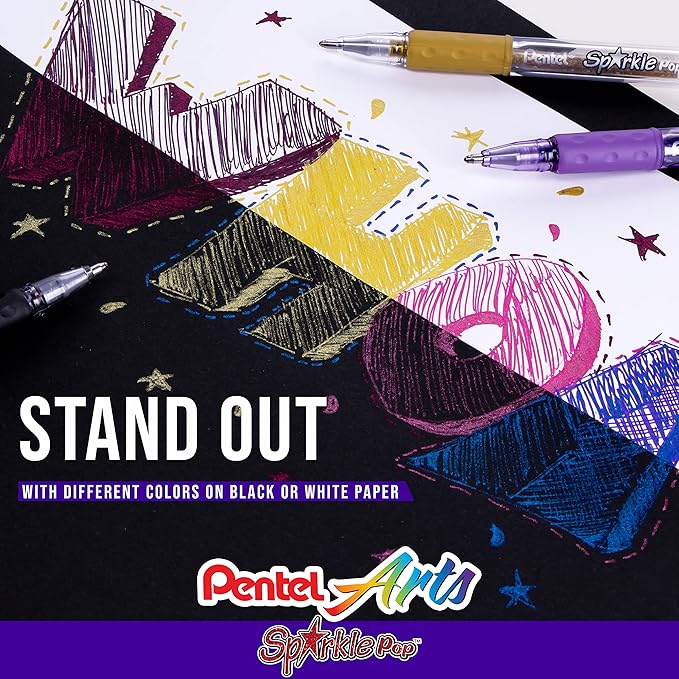 Pentel Sparkle Pop Metallic Gel Pen, (1.0mm) Bold Line, Black/Red Ink, Box of Pens (K91-DA)