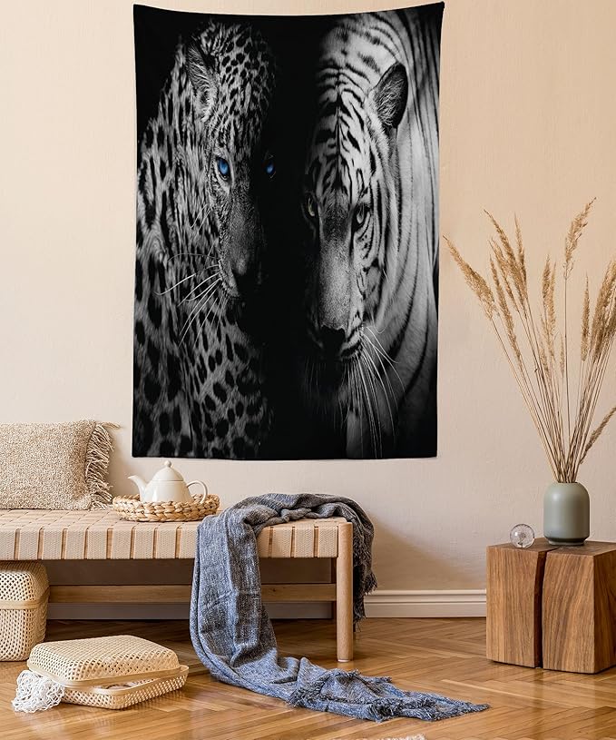 Ambesonne Leopard Tapestry, Animal Eyes Aggressive Powerful Wildcat Profile Print Monochrome Design, Fabric Wall Hanging Decor for Bedroom Living Room Dorm, 30" X 45", Black White Blue