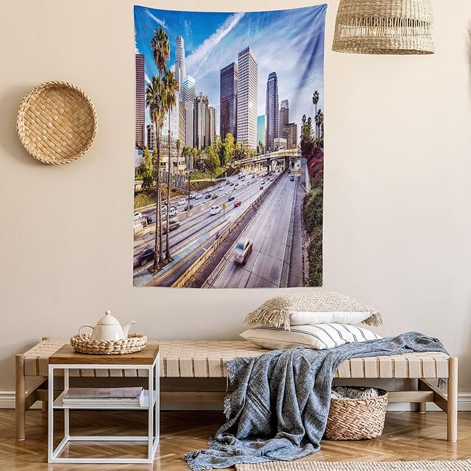 Ambesonne Travel Tapestry Twin Size, Downtown Cityscape of Los Angeles California USA Avenue Buildings Palms Print, Wall Hanging Bedspread Bed Cover Wall Decor, 68" X 88", Blue Grey Green