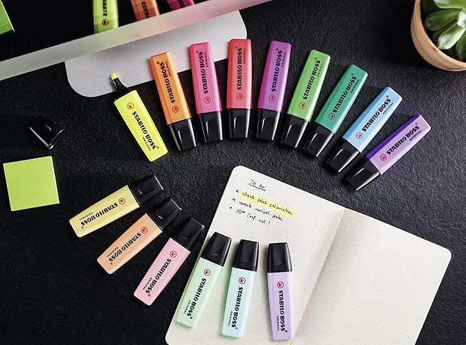 STABILO Highlighter BOSS ORIGINAL Pastel - Pack of 4 - Hint of Mint, Pink Blush, Lilac Haze, Touch of Turquoise, Chisel Tip