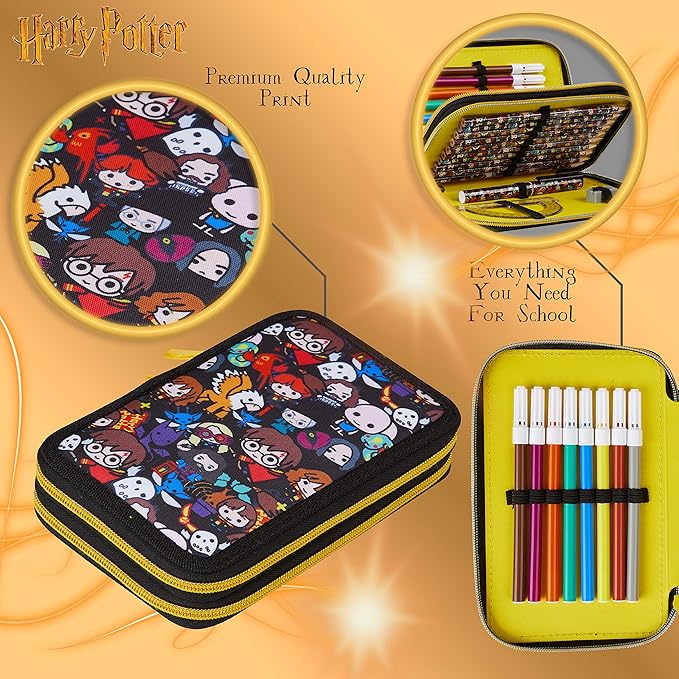 Harry Potter Gifts Pencil Case for Kids, Large Double Zip Organizer Pencil Pouch Filled with School Art Supplies, Stationery Set for Boys and Girls (Black AOP)