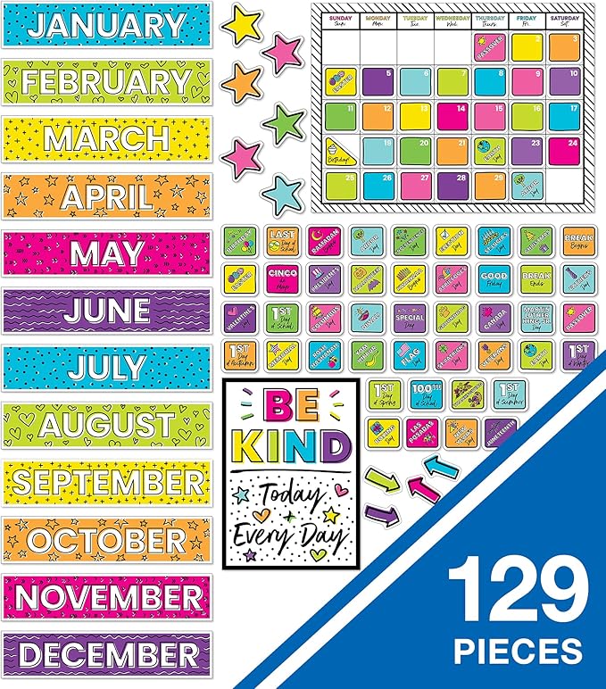 Carson Dellosa Kind Vibes 129 pc Set Wall Calendar, Monthly Headers, Birthdays, Holidays, Number Cover Ups, Motivational Poster, Star Cutouts, and More for Bulletin Board and Classroom Decor