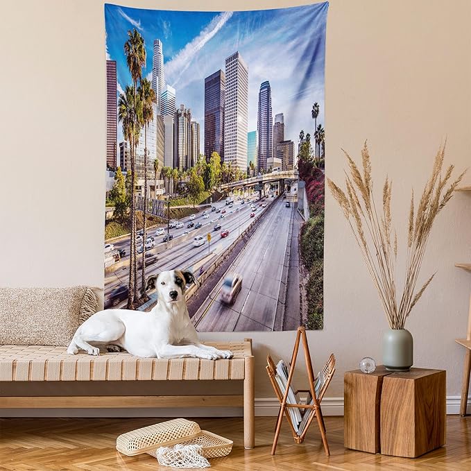 Ambesonne Travel Tapestry Twin Size, Downtown Cityscape of Los Angeles California USA Avenue Buildings Palms Print, Wall Hanging Bedspread Bed Cover Wall Decor, 68" X 88", Blue Grey Green